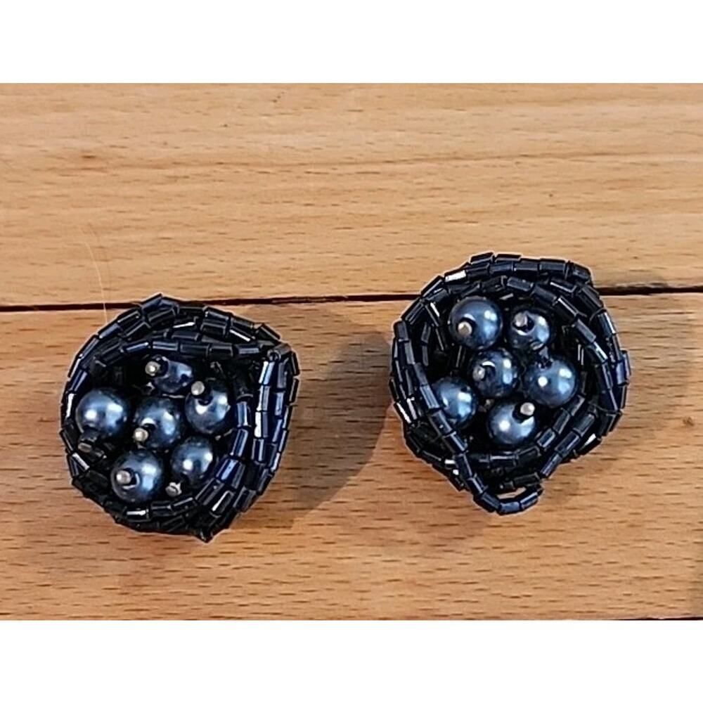 Black Cluster Beaded Rhinestone Bling Statement Clip On Earrings